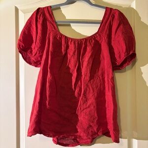 Red Smocked Puff Sleeve Blouse